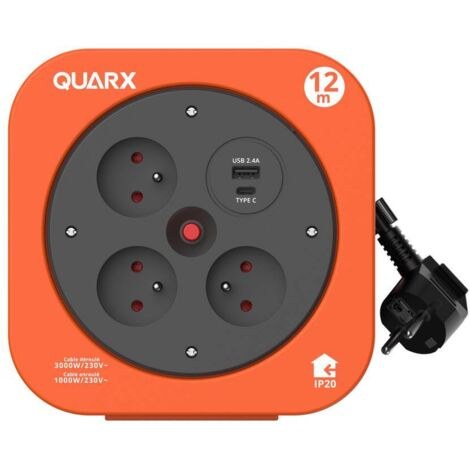 Enrouleur électrique 12m 3 prises + USB-A + USB-C orange - SBOX