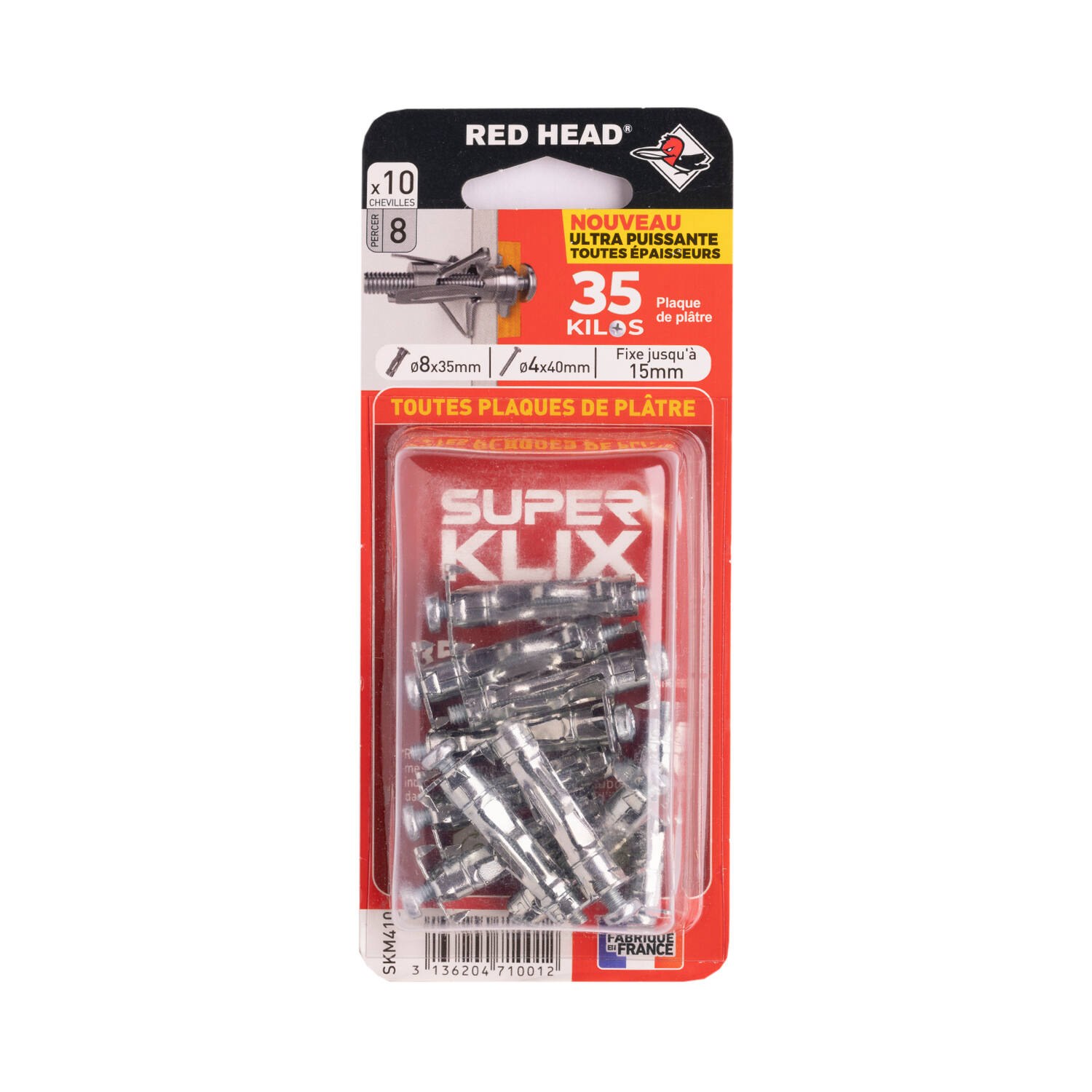 Chevilles Superklix 8 x 35 mm avec vis tr 4 x 40 mm par 10 RED HEAD