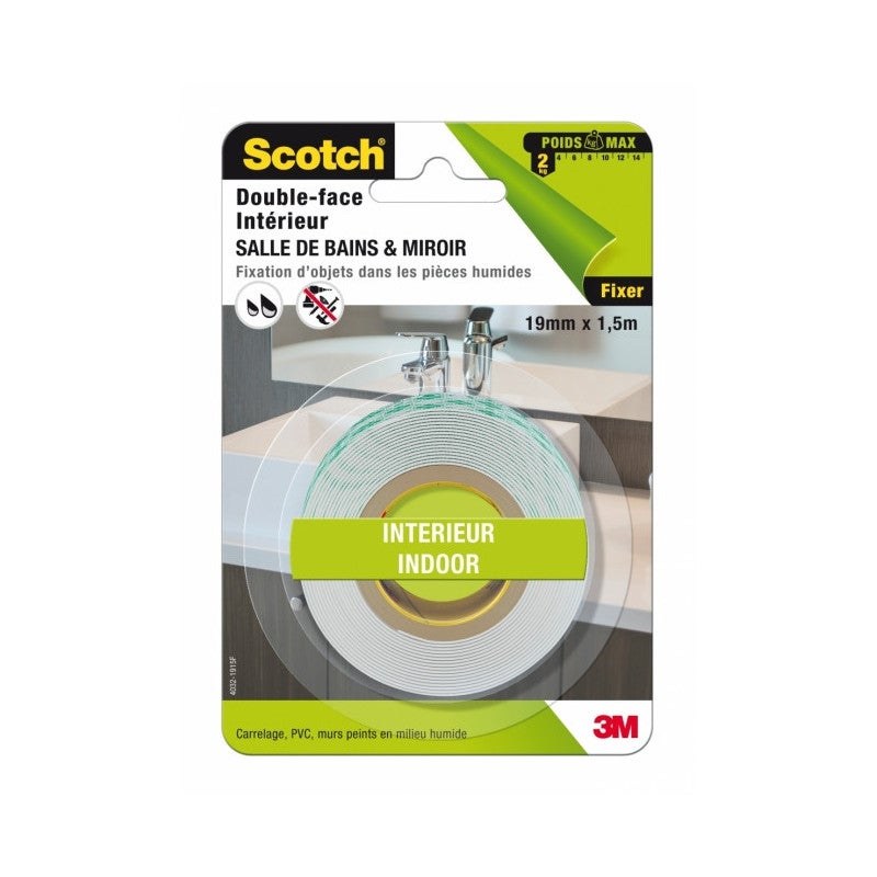 Adhésif double face miroir et salle de bains blanc 1,5 m x 19 mm 5 kg SCOTCH