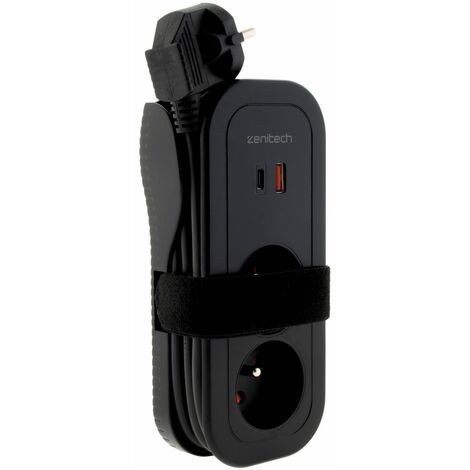 Multiprise de voyage 2 prises avec prises USB A et USB C 1,6m noir ZENITECH