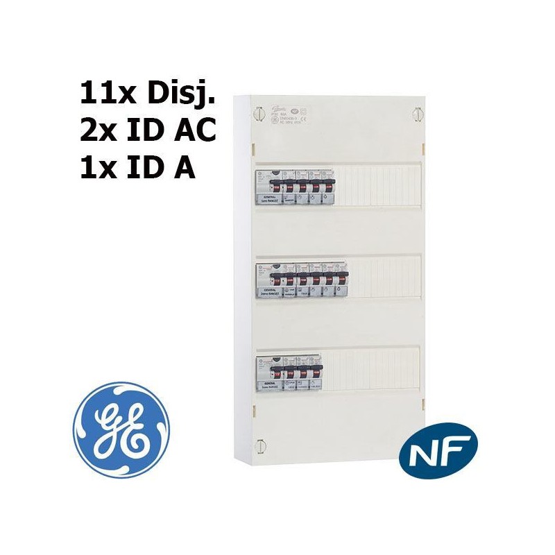 GE Tableau Electrique précablé 3 rangées 11 disj &amp; 2 inter diff 40A type AC + 1 inter diff 40A type A